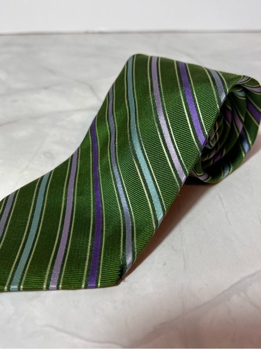 Brooks Brothers Green Striped Tie with Purple & Light Blue Accents *